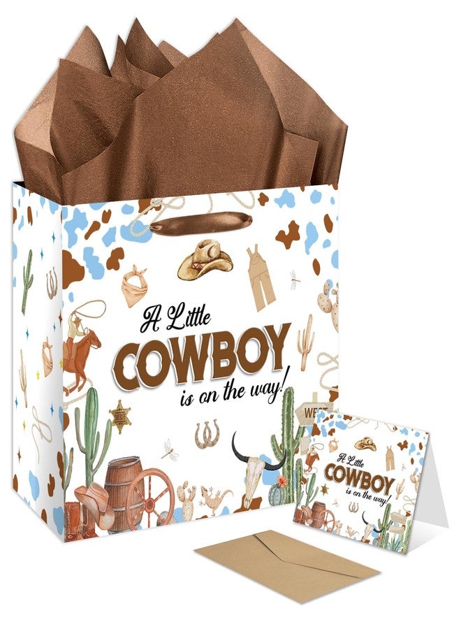 RTMISA Cowboy Baby Shower Gifts Bag with Tissue Paper and Greeting Card Western Cowboy Themed Baby Boy Shower Gifts Wrapping Paper Bag, Blue & Brown Party Favor Present Wrap Items - Image 1
